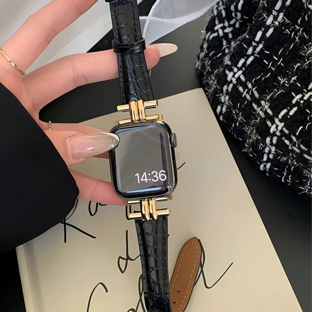 NEW Stylish Premium Leather Gold Strap Watch Band For Apple Watch - Black - Picture 1 of 7